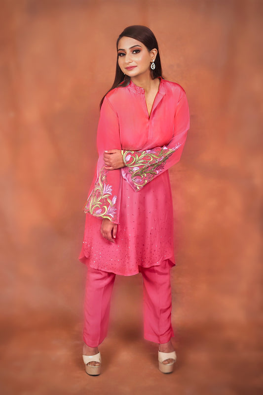 Mira Pink Embroidered Sleeves Co-ord Set