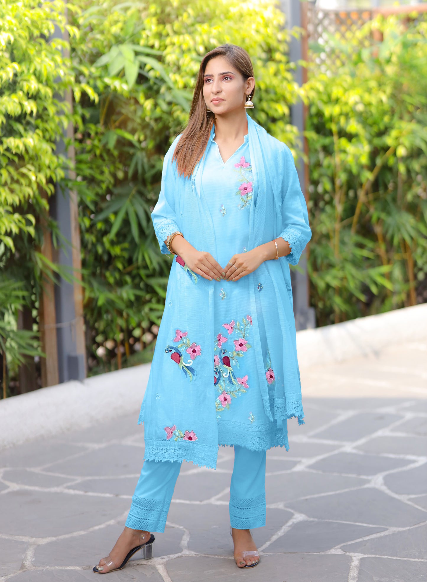 Peacock Motif Embroidered Suit Set