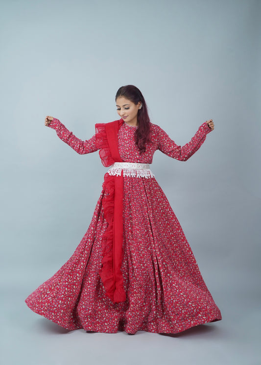 Ruby Pink Floral Print Crepe Anarkali Suit Set With Belt