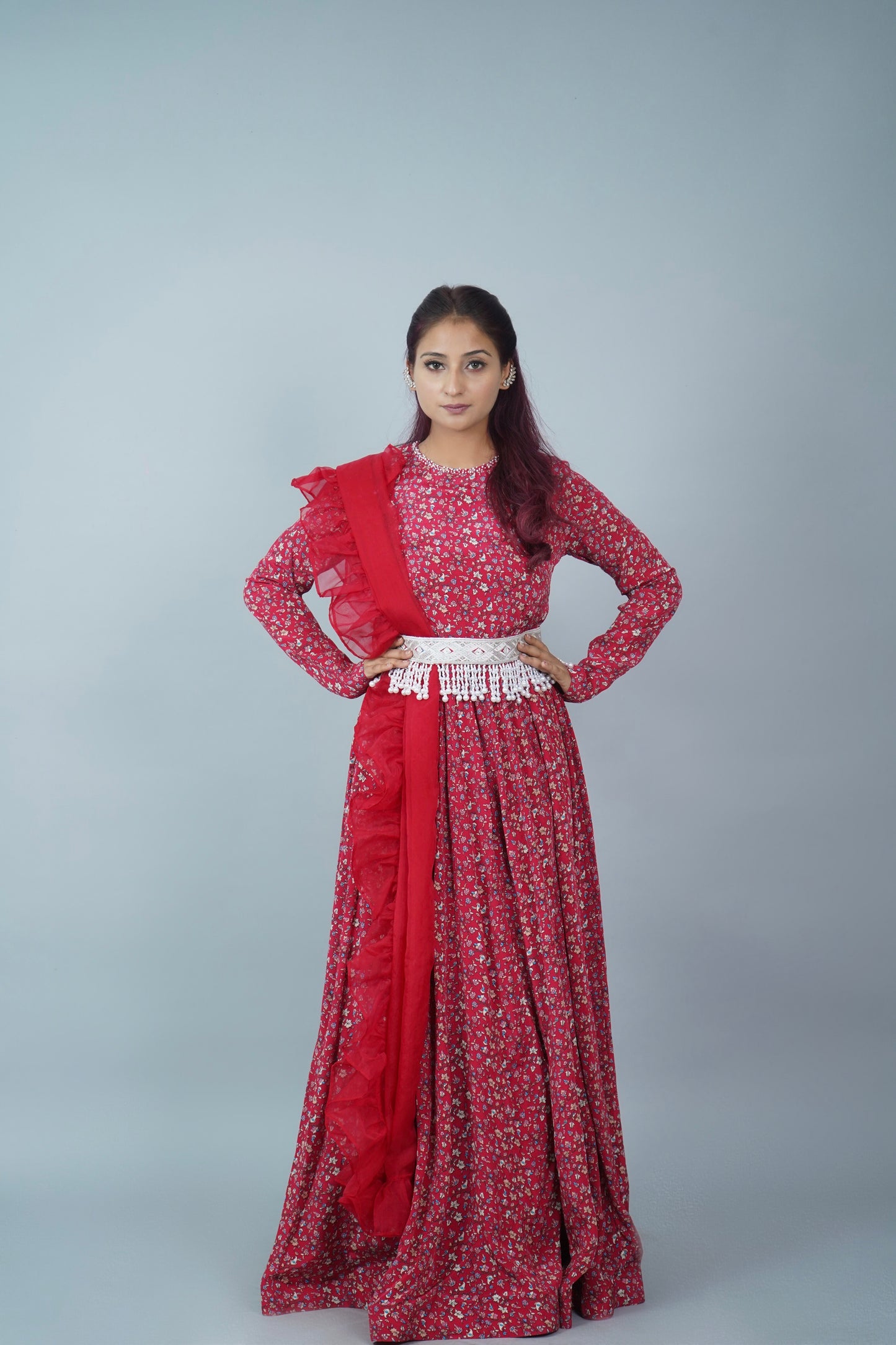 Ruby Pink Floral Print Crepe Anarkali Suit Set With Belt