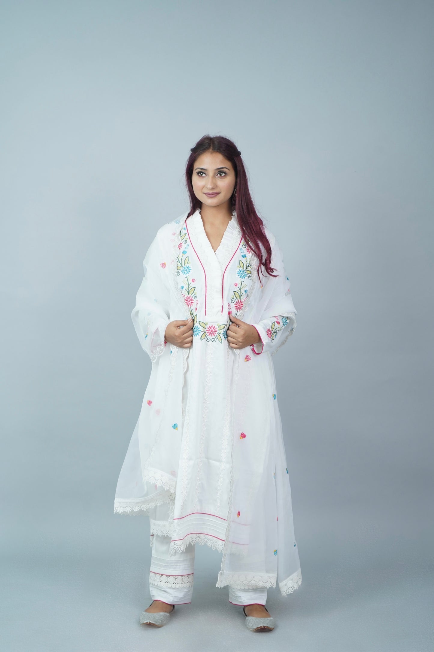 White Panelled Embroidered Suit Set