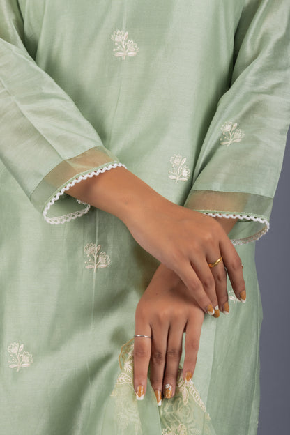 Aafiya Green Chanderi Embroidered Suit Set