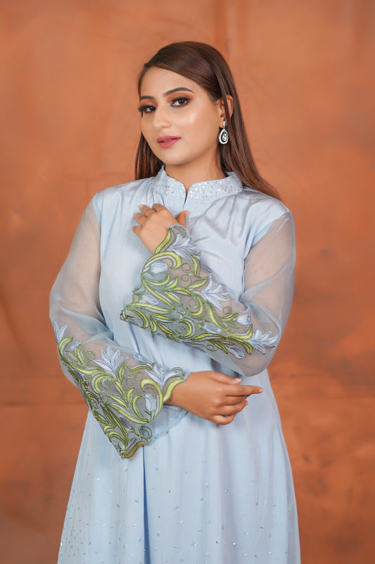 Mira Blue Embroidered Sleeves Co-ord Set
