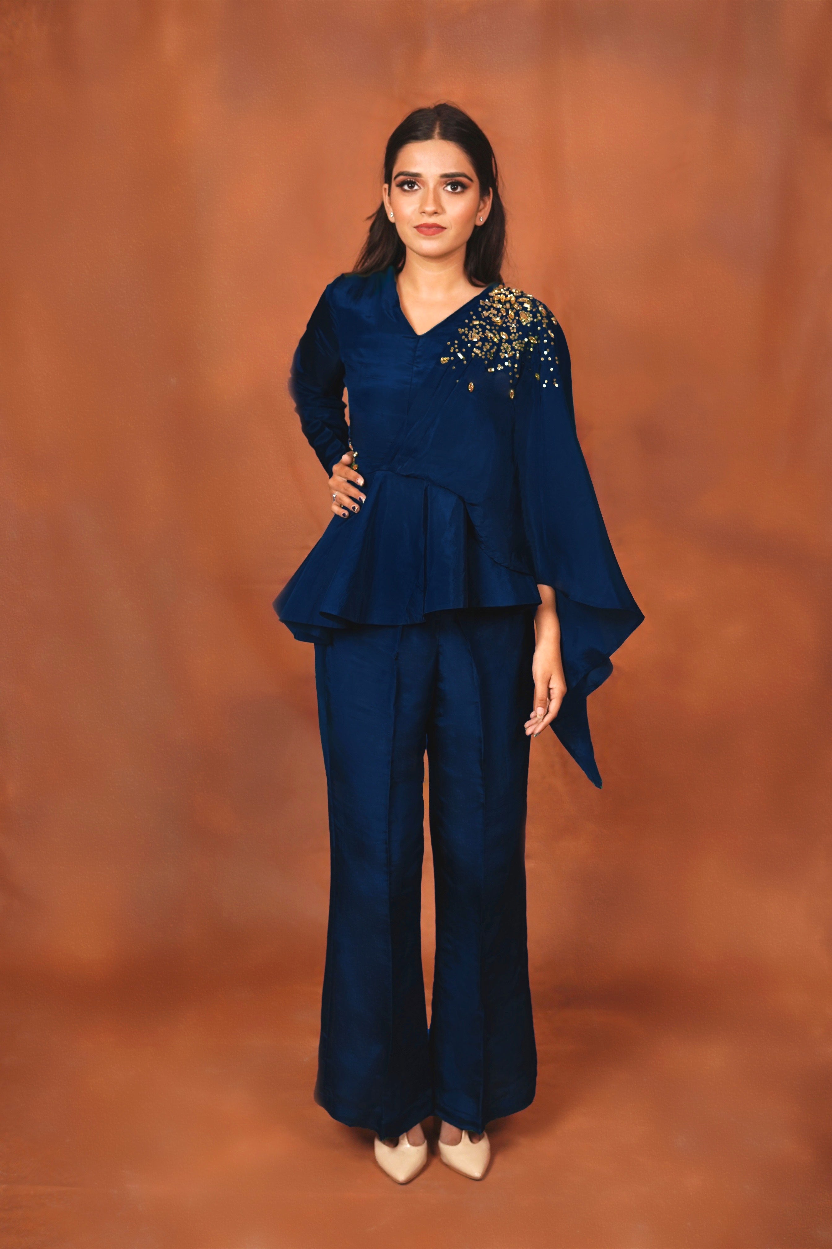 Womens Two Piece Peplum Style Pant Suit with Mock Neck  THEONE APPAREL