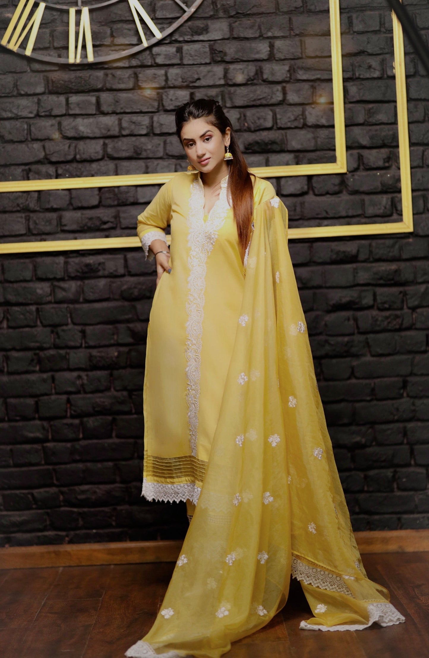 Yellow Band Collar Embroidered Suit Set